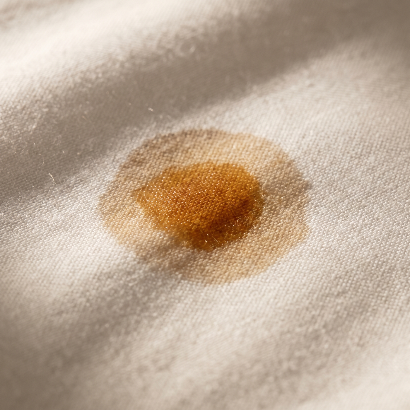Une goutte d'huile absorbée dans le coton : le tissu boit, une auréole se forme.